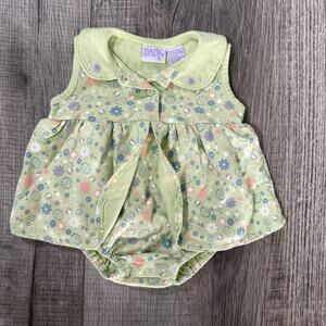 Vtg 6-9 Months Green Floral Bubble Romper Dress Collar Baby Girl Cottagecore Y2K
